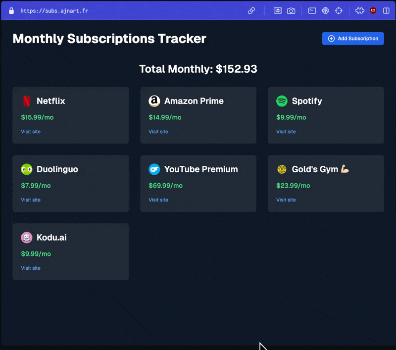 Subs subscription tracker interface
