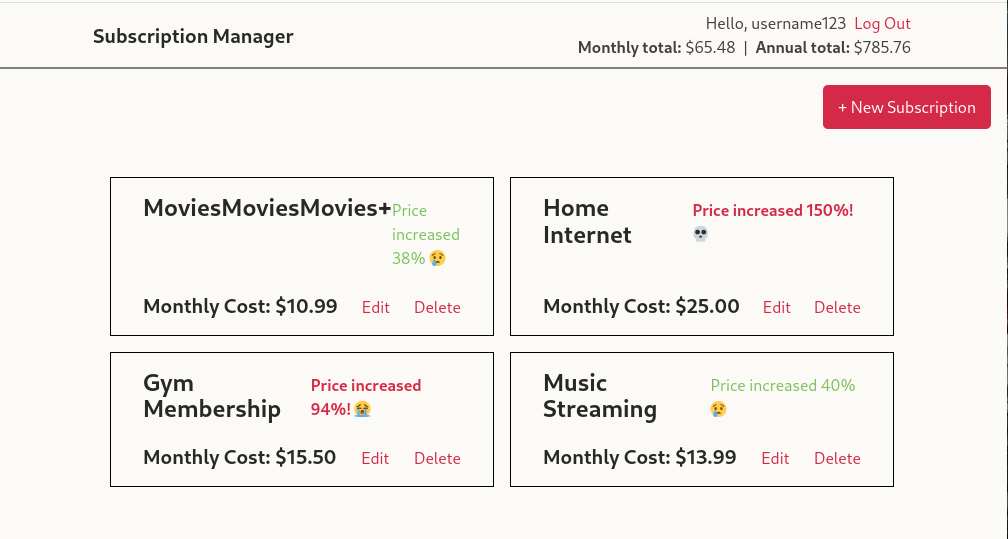 Subscriptions Rails app interface