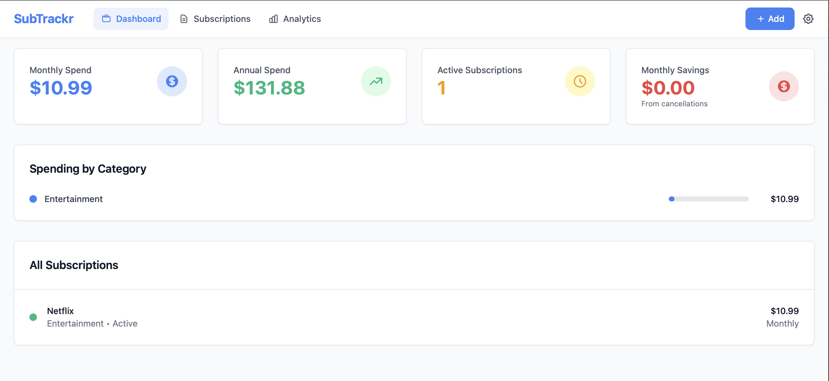 SubTrackr dashboard interface