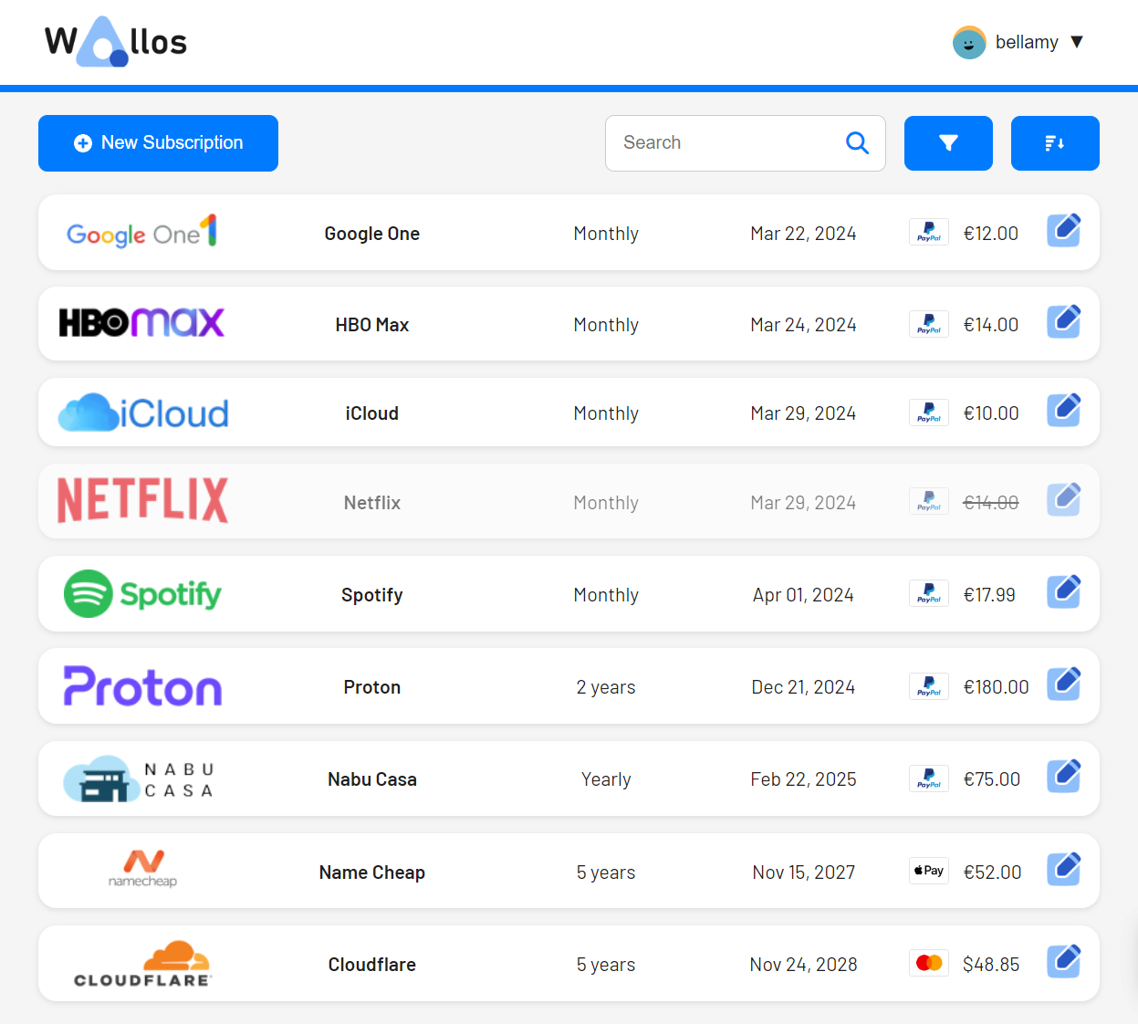 Wallos subscription list view